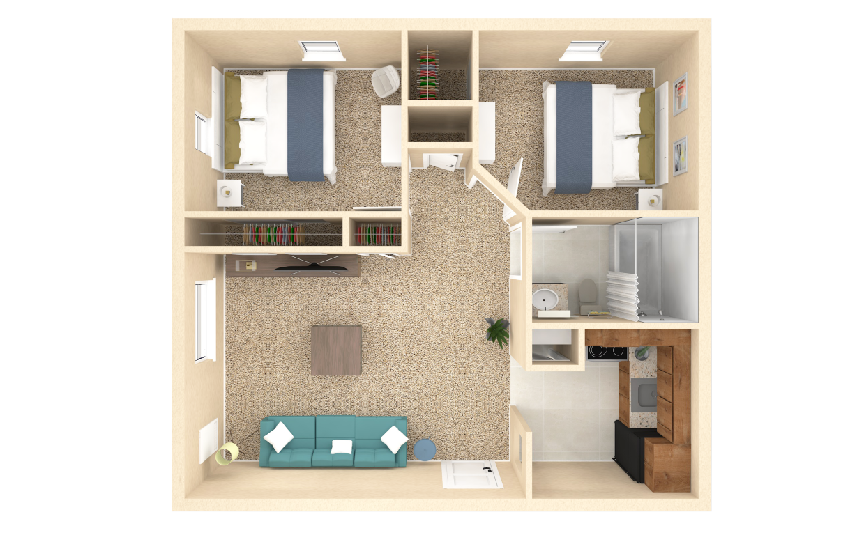 Floor plan for 2 beds, 1 bath, 672 sqft